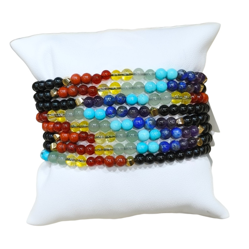 Bracelet Onyx 7 Chakras Pierres Rondes 4mm
