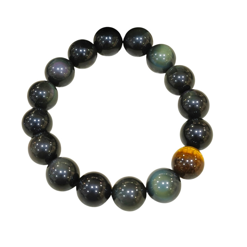 Bracelet Obsidienne Œil Céleste et Œil de Tigre Pierres Rondes 12mm