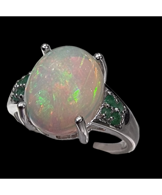 Bague Opale et Emeraude Argent 925 Taille 54