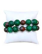 Bracelet Malachite Pierres Rondes 14mm et Œil de Fer Pierres Rondes 12mm avec Inserts Acier