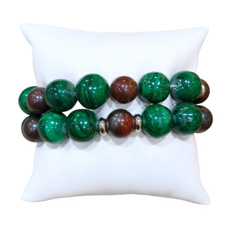 Bracelet Malachite Pierres Rondes 14mm et Œil de Fer Pierres Rondes 12mm avec Inserts Acier