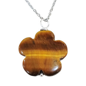 Pendentif Œil de Tigre Fleur avec Chaîne Acier Inox 44cm