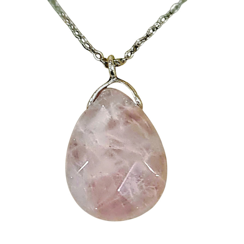 Pendentif Quartz Rose Goutte Facettée avec Chaîne Acier Inox 44cm