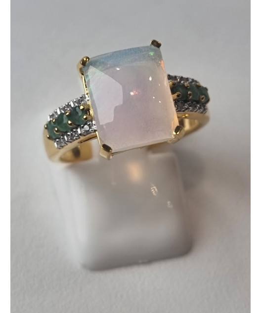 Bague Opale et Emeraude Argent 925 plaqué or Taille 55