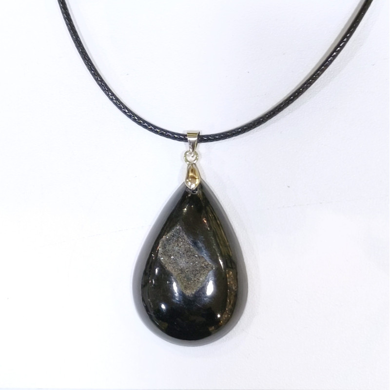 Pendentif Onyx Goutte avec Cordon Noir 44cm + 5cm