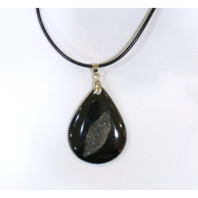 Pendentif Onyx Goutte avec Cordon Noir 44cm + 5cm