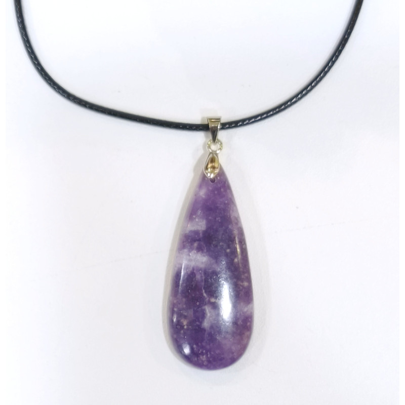 Pendentif Lépidolite Goutte avec Cordon Noir 44cm + 5cm