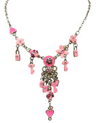 Collier Email Rose Breloques Fleurs Papillons Cœurs 44cm + 6cm