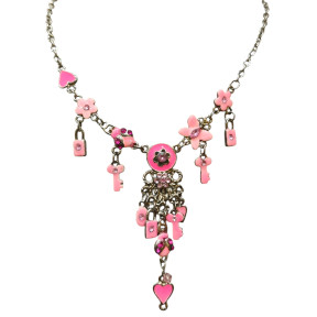 Collier Email Rose Breloques Fleurs Papillons Cœurs 44cm + 6cm