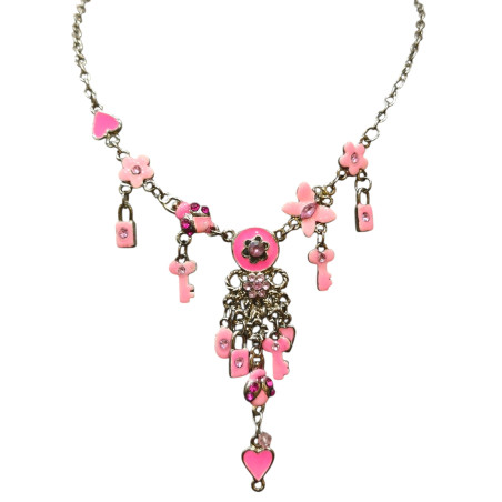 Collier Email Rose Breloques Fleurs Papillons Cœurs 44cm + 6cm