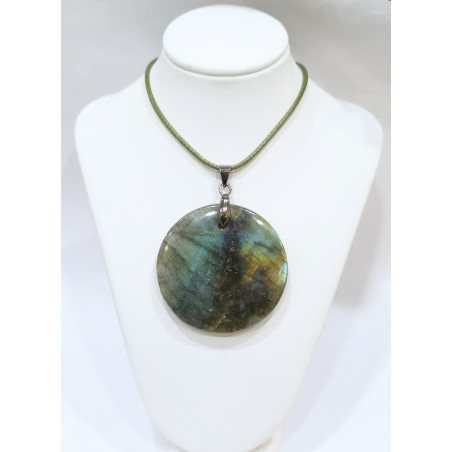 Pendentif Labradorite Rond avec Cordon 44cm + 5cm