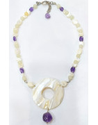 Collier Nacre et Améthyste avec Pierres Rondes Pierre de Lune 60cm Argent 925