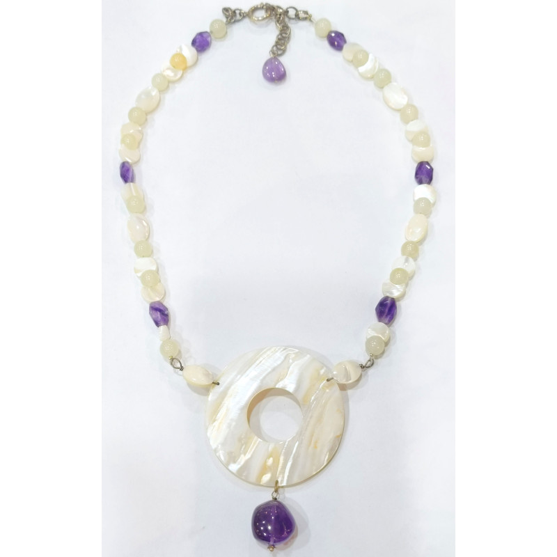 Collier Nacre et Améthyste avec Pierres Rondes Pierre de Lune 60cm Argent 925