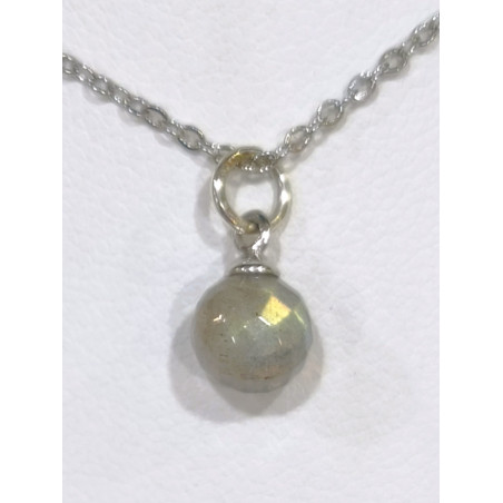 Pendentif Labradorite Pierre Ronde Facettée avec Chaîne Acier 46cm