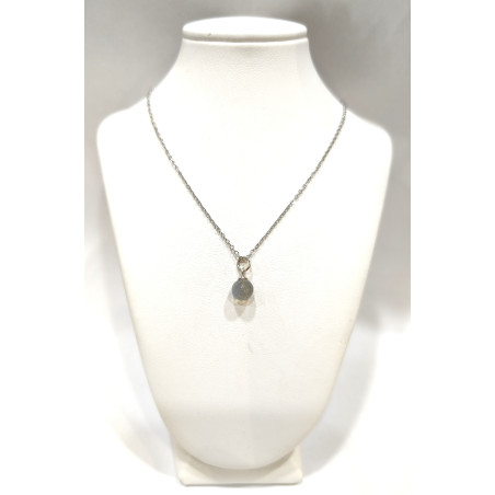 Pendentif Labradorite Pierre Ronde Facettée avec Chaîne Acier 46cm