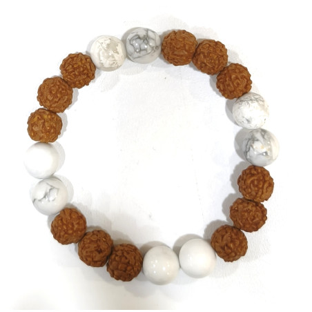 Bracelet Howlite et Œil de Rudraksha Pierres Rondes 10mm Modèle 1