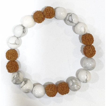 Bracelet Howlite et Œil de Rudraksha Pierres Rondes 10mm Modèle 2
