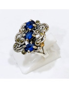 Bague Saphir et Marcassite Argent 925 Taille 58
