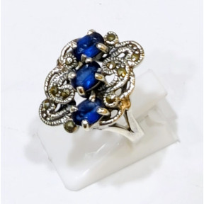 Bague Saphir et Marcassite Argent 925 Taille 58