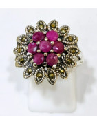 Bague Rubis et Marcassite Fleur Argent 925 Taille 60