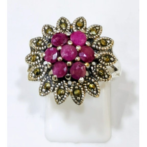 Bague Rubis et Marcassite Fleur Argent 925 Taille 60