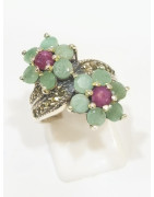 Bague Rubis Emeraude et Marcassite Fleur Argent 925 Taille 54