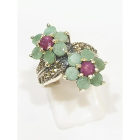 Bague Rubis Emeraude et Marcassite Fleur Argent 925 Taille 54