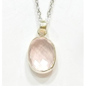 Pendentif Quartz Rose Facetté avec Chaîne 44 cm Argent 925