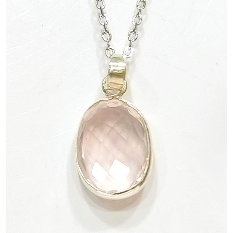 Pendentif Quartz Rose Facetté avec Chaîne 44 cm Argent 925