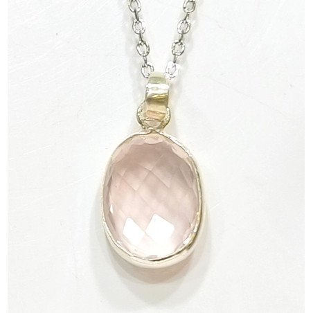 Pendentif Quartz Rose Facetté avec Chaîne 44 cm Argent 925
