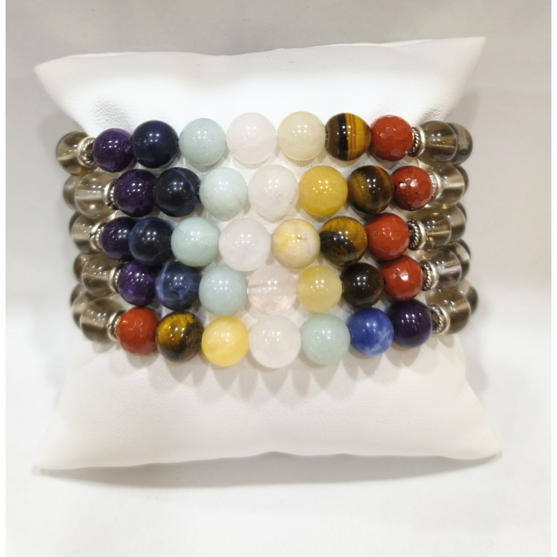 Bracelet Quartz Fumé 7 Chakras Pierres Rondes 8mm
