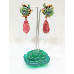 Boucles Aventurine Rouge à Clips Cuivre et Email