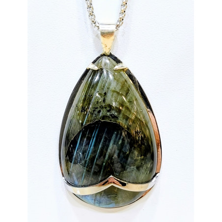 Pendentif Labradorite Argent 925 et Chaîne Acier 60cm
