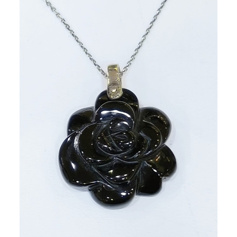 Pendentif Onyx Fleur Argent 925 avec Chaîne 44 + 2 cm