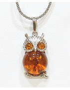 Pendentif Ambre Chouette et Chaîne Argent 925 48 cm