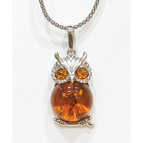 Pendentif Ambre Chouette et Chaîne Argent 925 48 cm