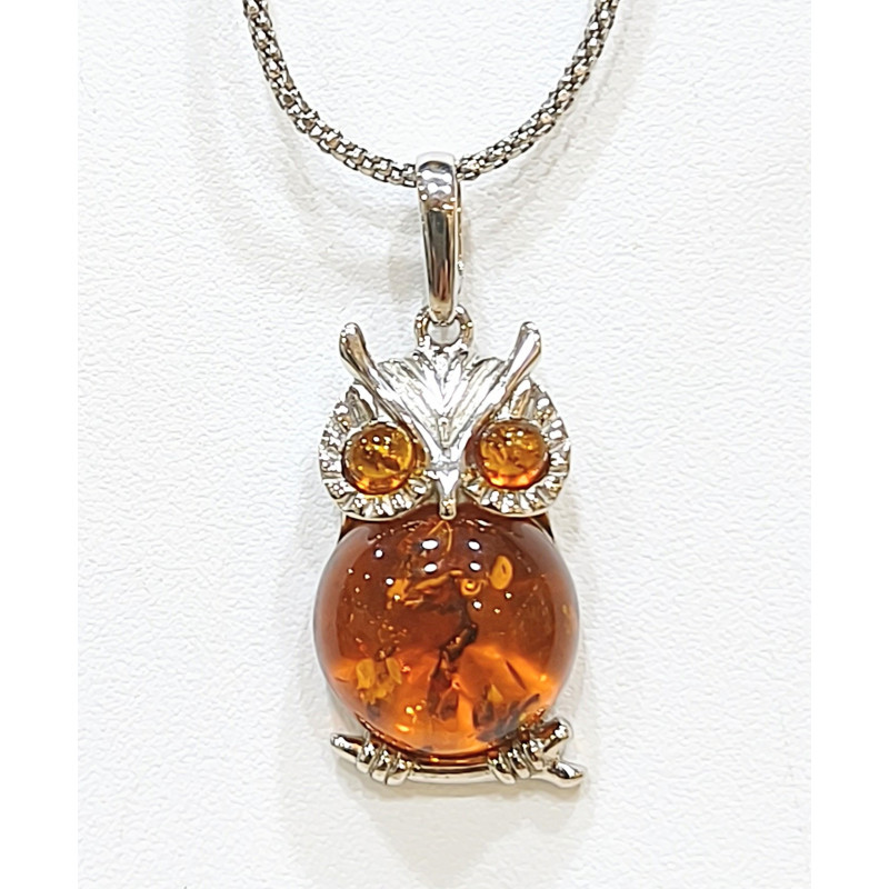 Pendentif Ambre Chouette et Chaîne Argent 925 48 cm