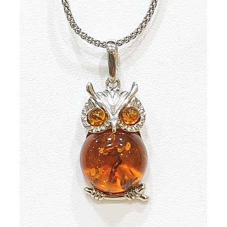 Pendentif Ambre Chouette et Chaîne Argent 925 48 cm