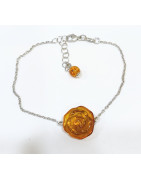 Bracelet Ambre Baltique Fleur Argent 925 avec Fermoir 18 + 3 cm