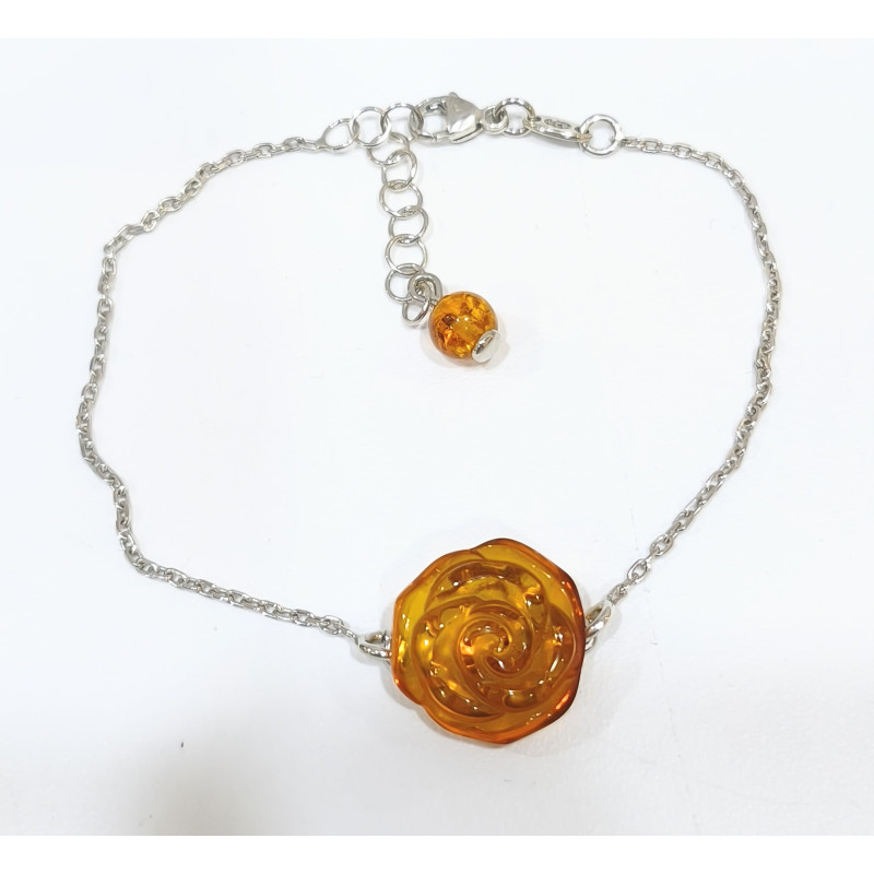 Bracelet Ambre Baltique Fleur Argent 925 avec Fermoir 18 + 3 cm