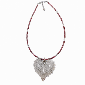 Pendentif Feuille sur collier Grenat Argent 925