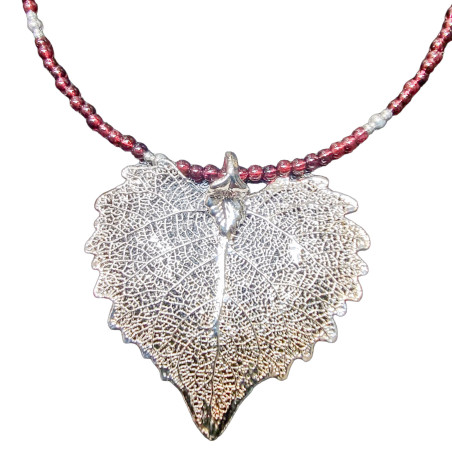 Pendentif Feuille sur collier Grenat Argent 925