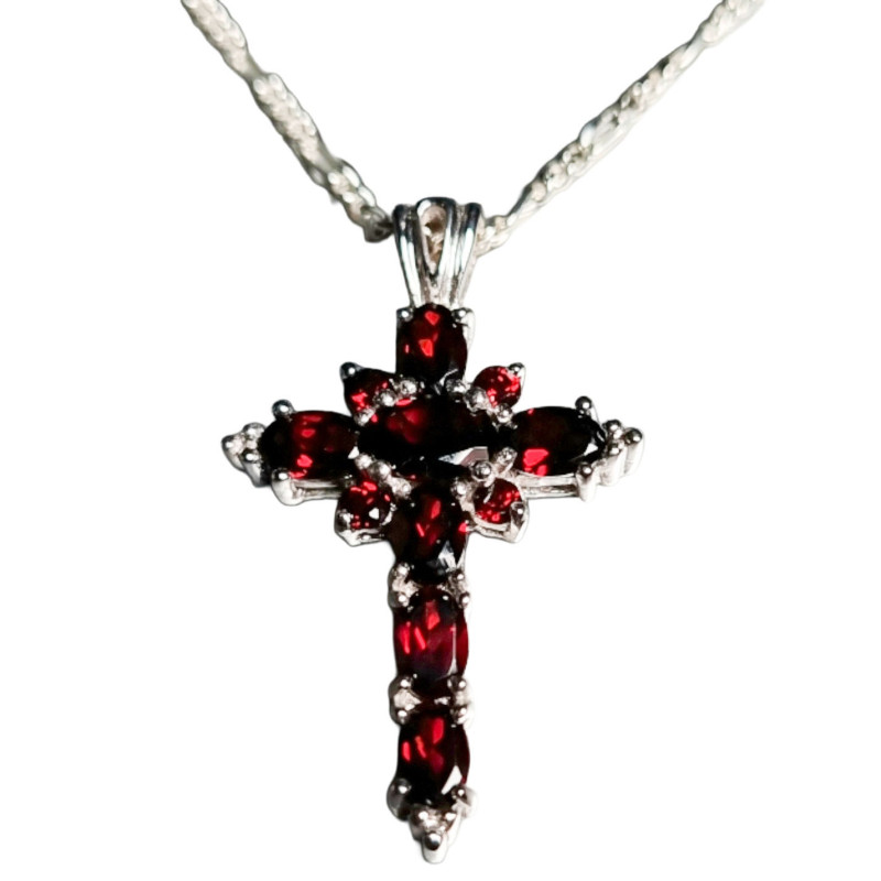 Pendentif Grenat Croix sur chaîne Argent 925
