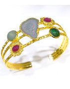 Bracelet Agate Rubis Malachite et Turquoise Laiton Plaqué Or Collection NIIKI PARIS