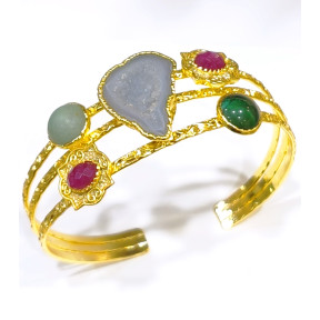 Bracelet Agate Rubis Malachite et Turquoise Laiton Plaqué Or