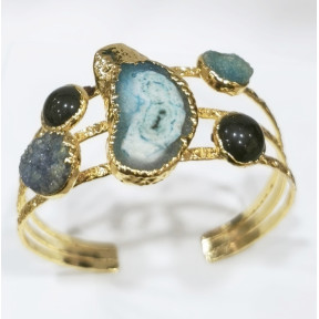 Bracelet Agate et Œil de Tigre Vert Laiton Plaqué Or