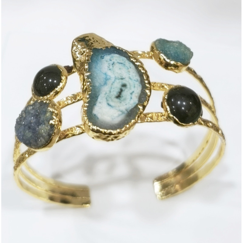 Bracelet Agate et Œil de Tigre Vert Laiton Plaqué Or