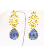 Boucles Lapis-Lazuli Facetté Feuilles Laiton Plaqué Or
