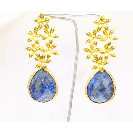 Boucles Lapis-Lazuli Facetté Feuilles Laiton Plaqué Or