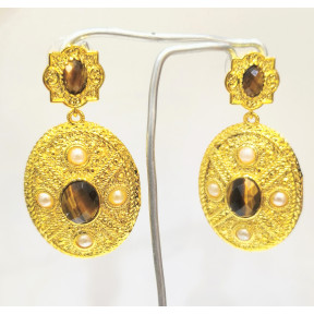 Boucles Œil de Tigre et Perles Laiton Plaqué Or